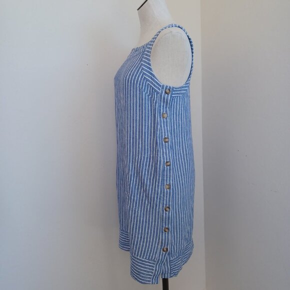For Cynthia Dress Linen Blend Blue White Striped Pullover Side Button Detail Med - Picture 7 of 14
